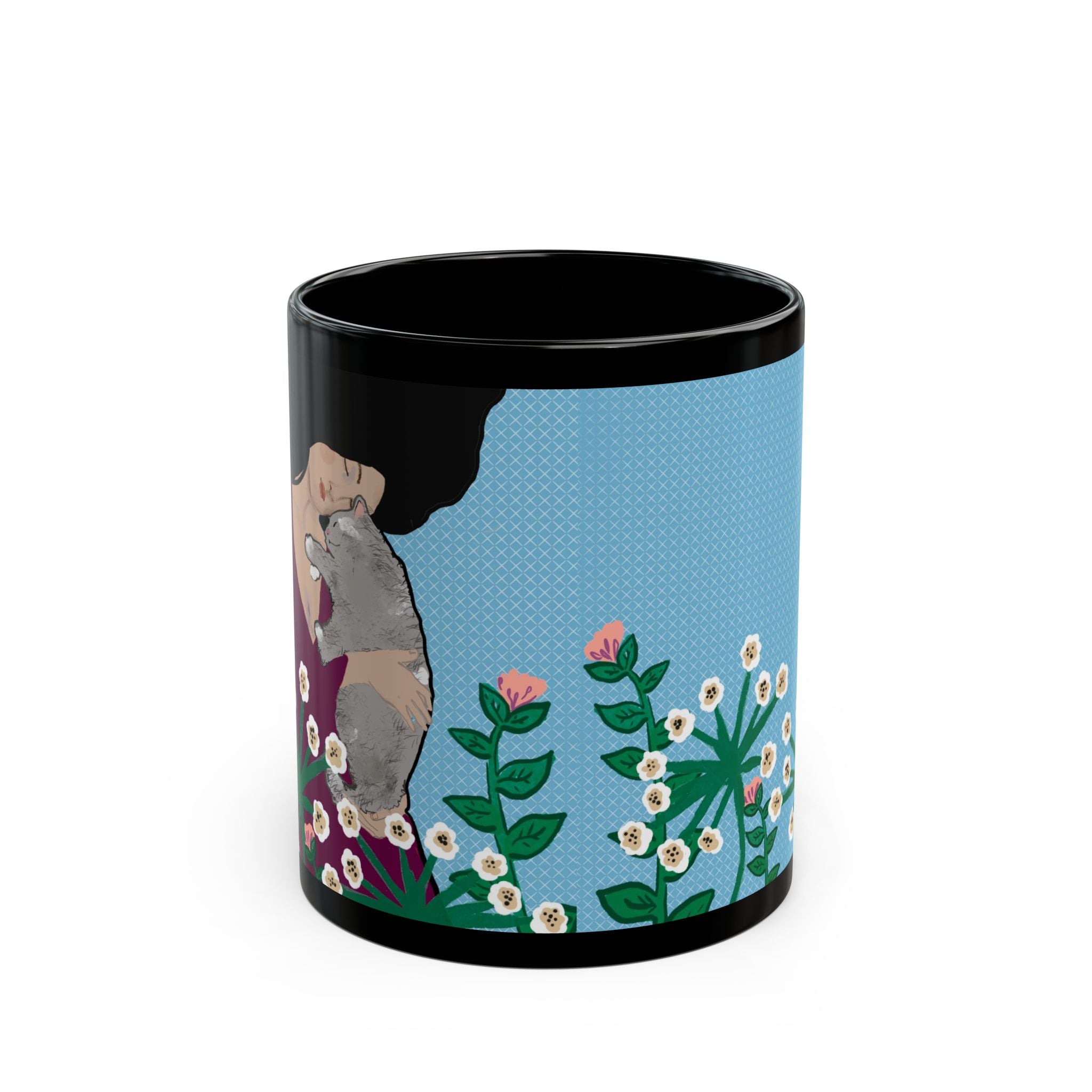Cute Cat & Flower Black Mug - Ideal Gift for Animal Lovers