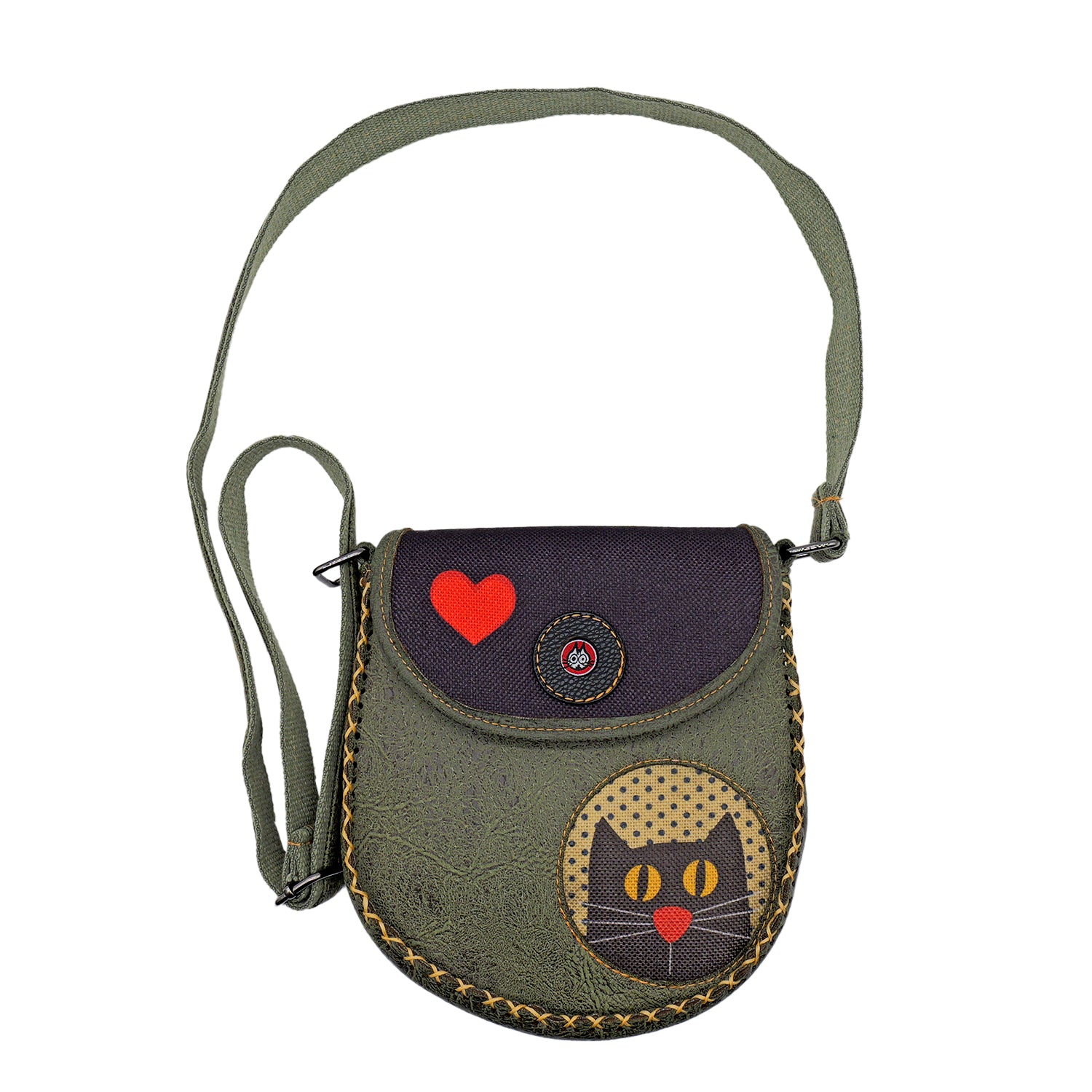 Charming Black Cat Leather Handbag & Large Wallet Set Of Two - Olive Green