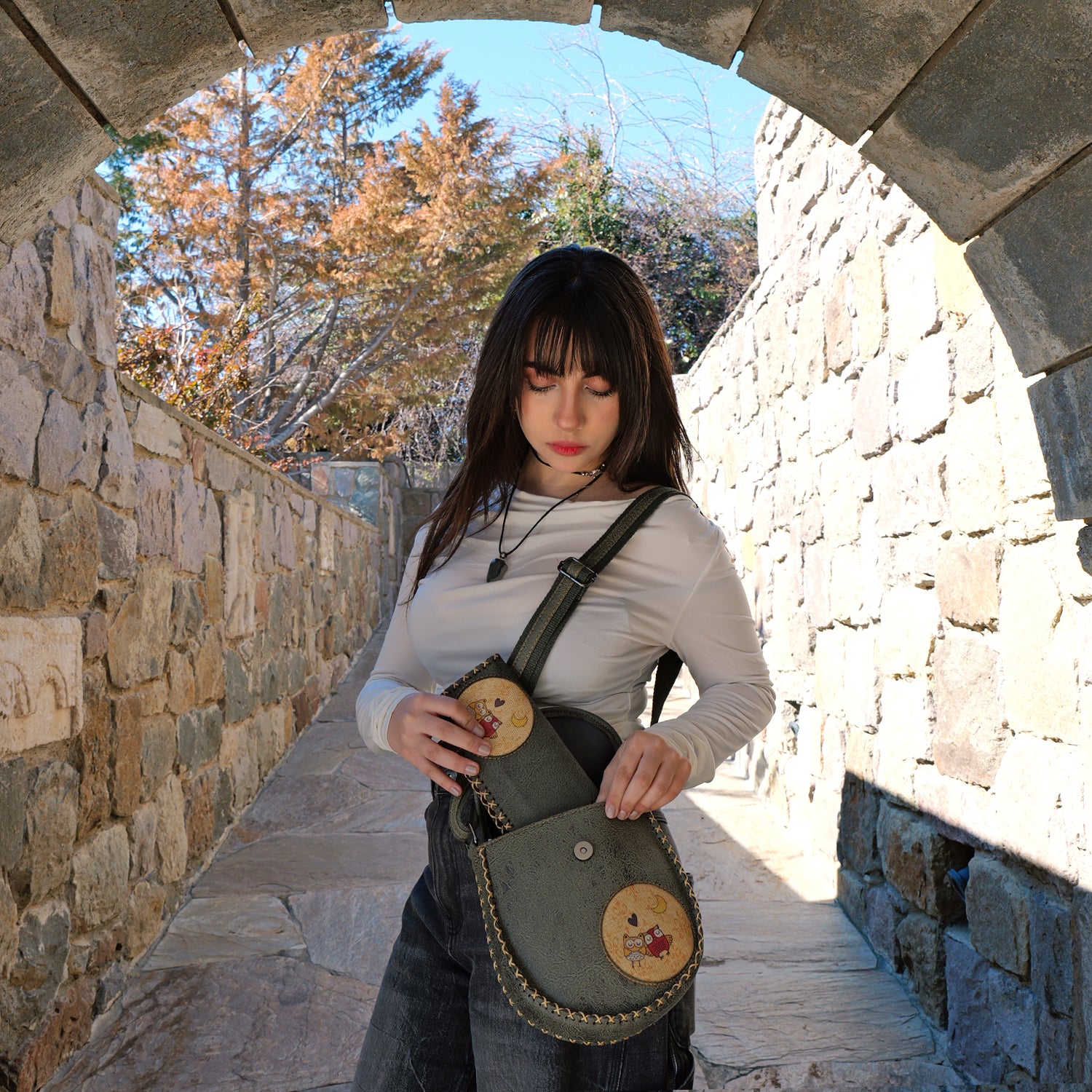 Whimsical Owl Leather Handbag & Large Wallet Set Of Two - Sage Green