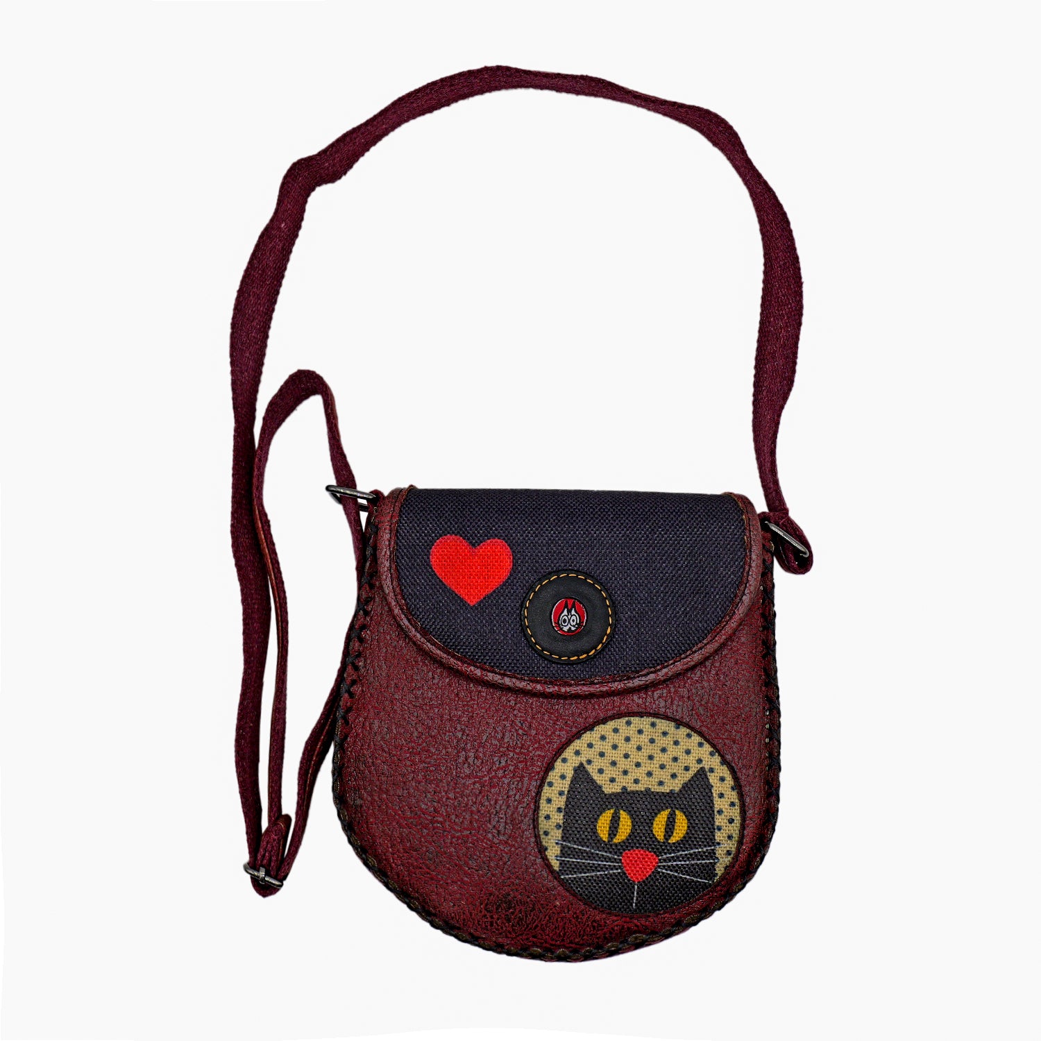 Charming Black Cat Leather Handbag & Large Wallet Set Of Two - Burgundy