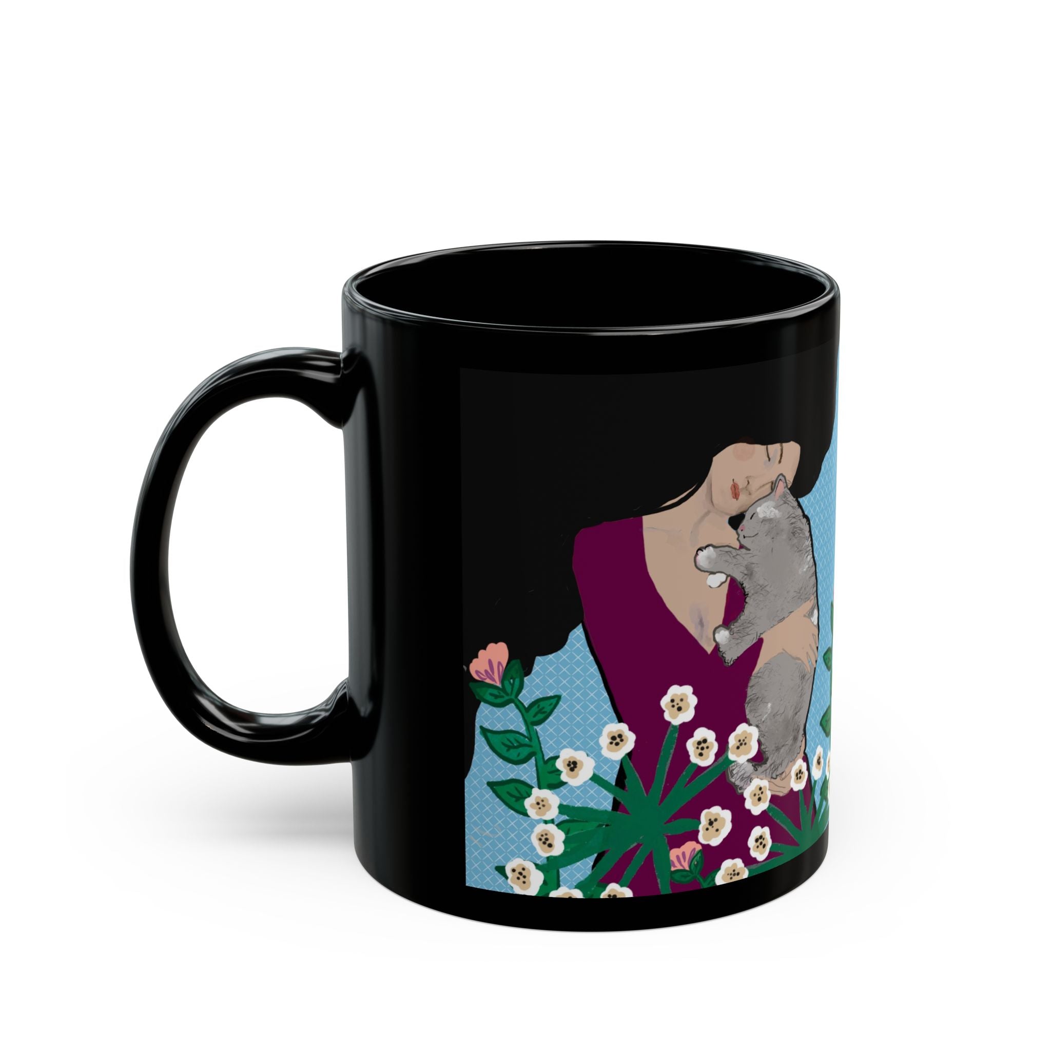 Cute Cat & Flower Black Mug - Ideal Gift for Animal Lovers