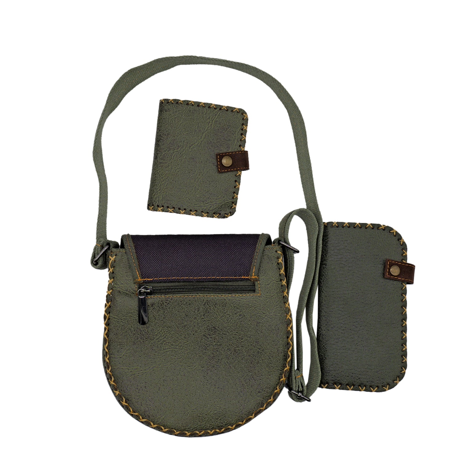 Charming Black Cat Leather Handbag & Wallet Set Of Three – Olive Green