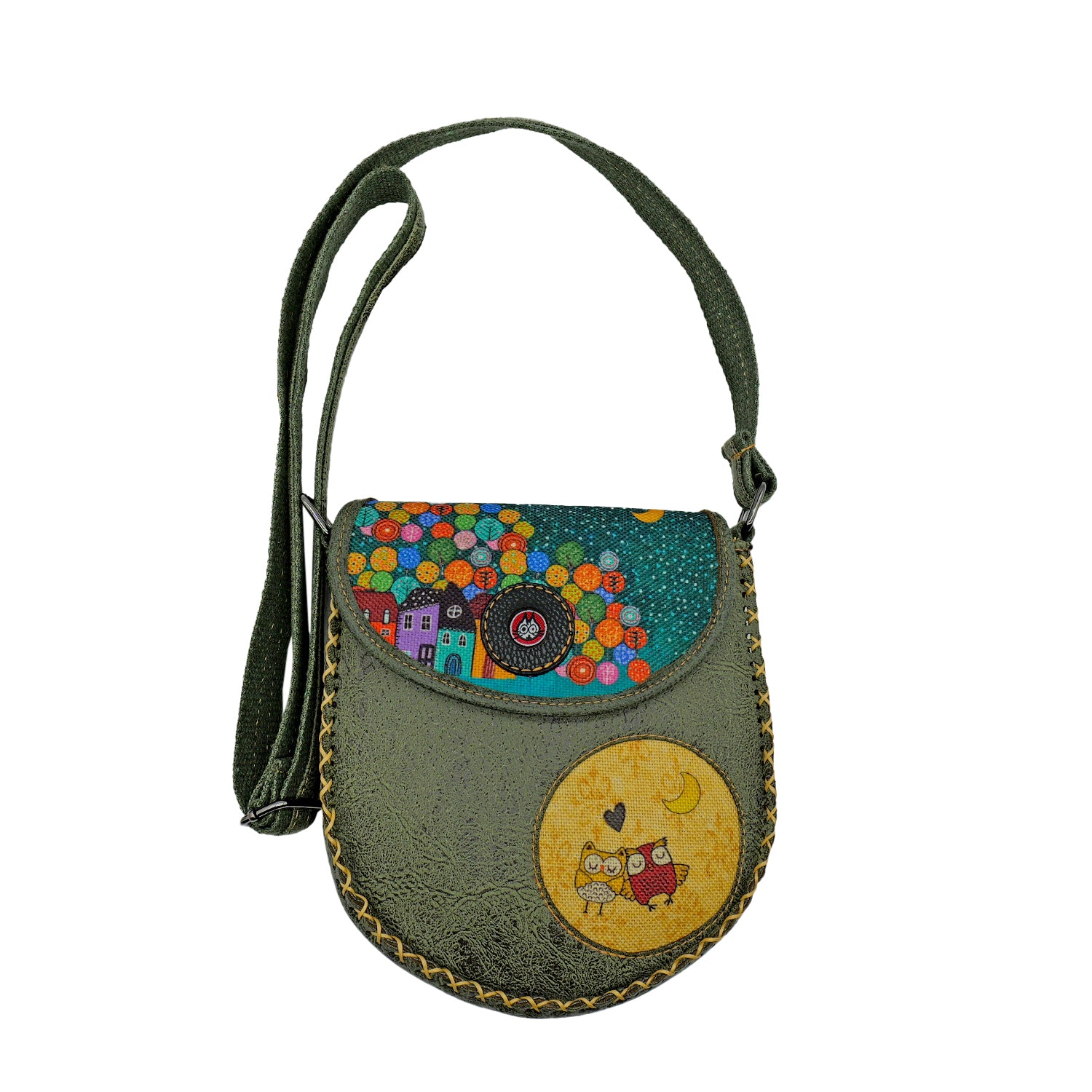 Whimsical Owl Leather Handbag & Large Wallet Set Of Two - Sage Green