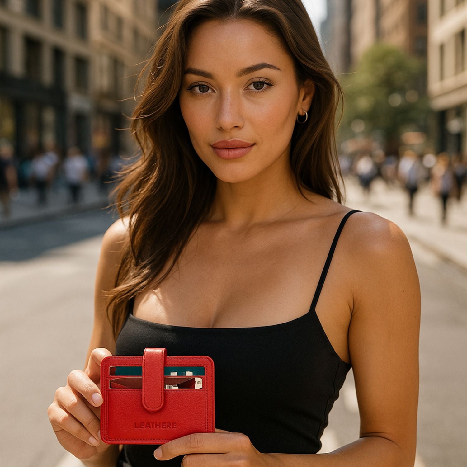 Leather Card Holder Wallet with ID Window - Red - Miami