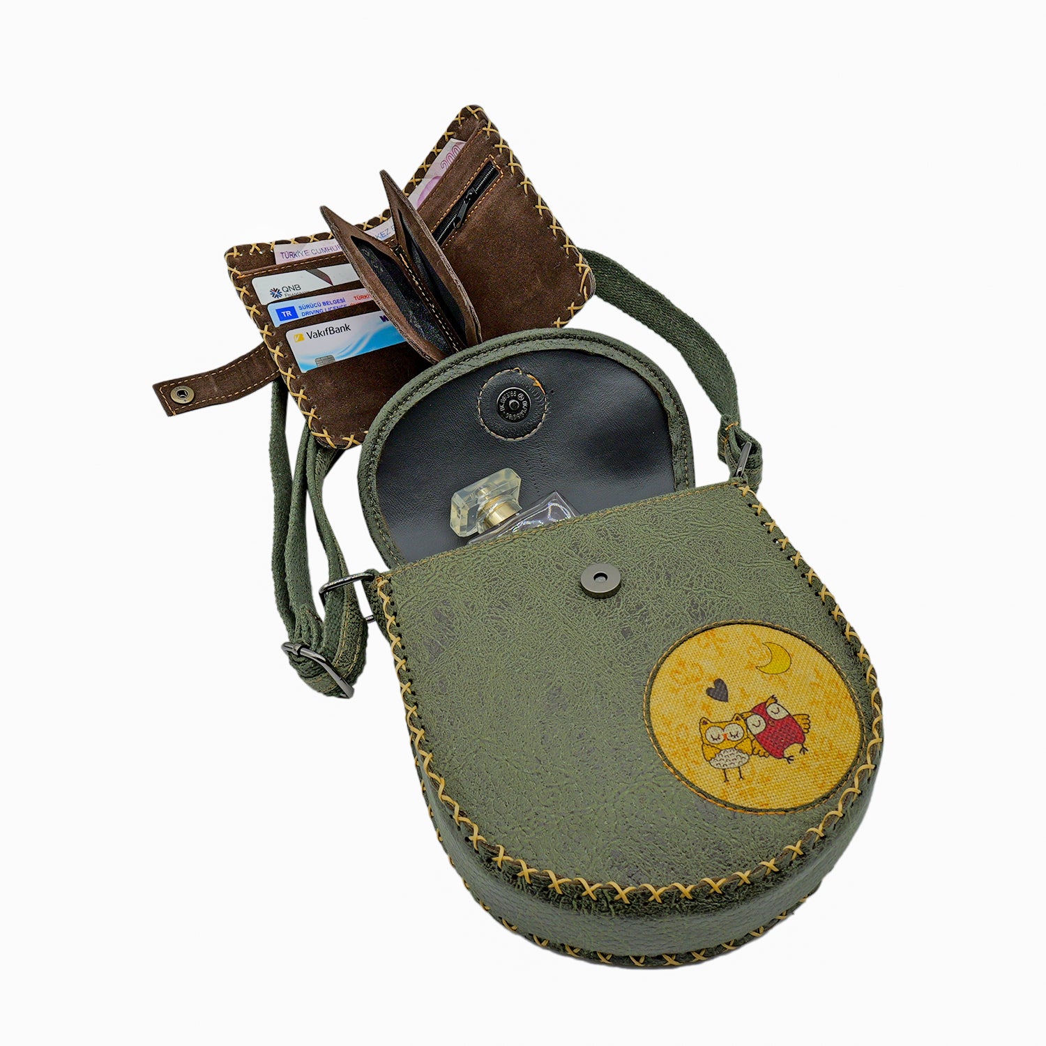 Whimsical Owl Leather Handbag & Wallet Set Of Two - Sage Green