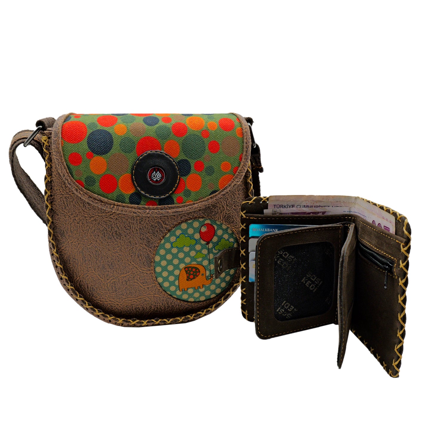 Playful Elephant Leather Handbag & Wallet Set Of Two – Coffee Brown
