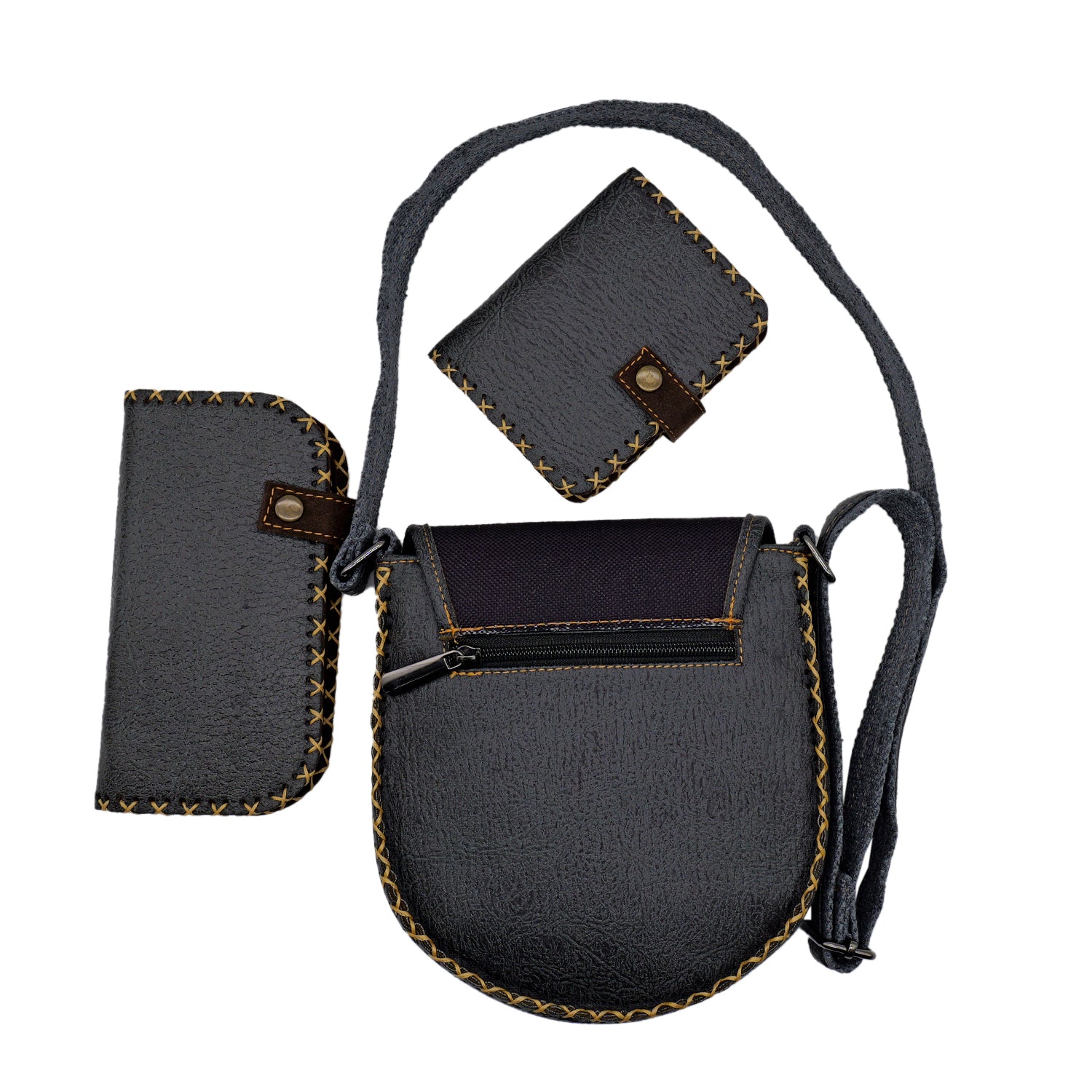 Charming Black Cat Leather Handbag & Wallet Set Of Three – Charcoal Gray