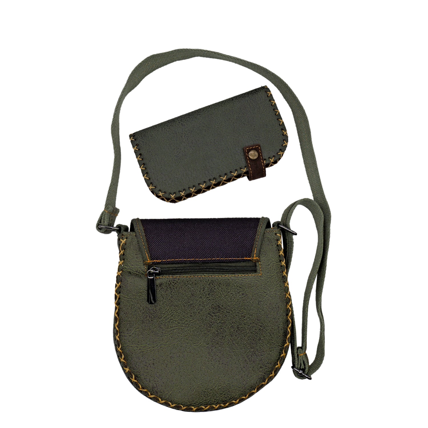 Charming Black Cat Leather Handbag & Large Wallet Set Of Two - Olive Green
