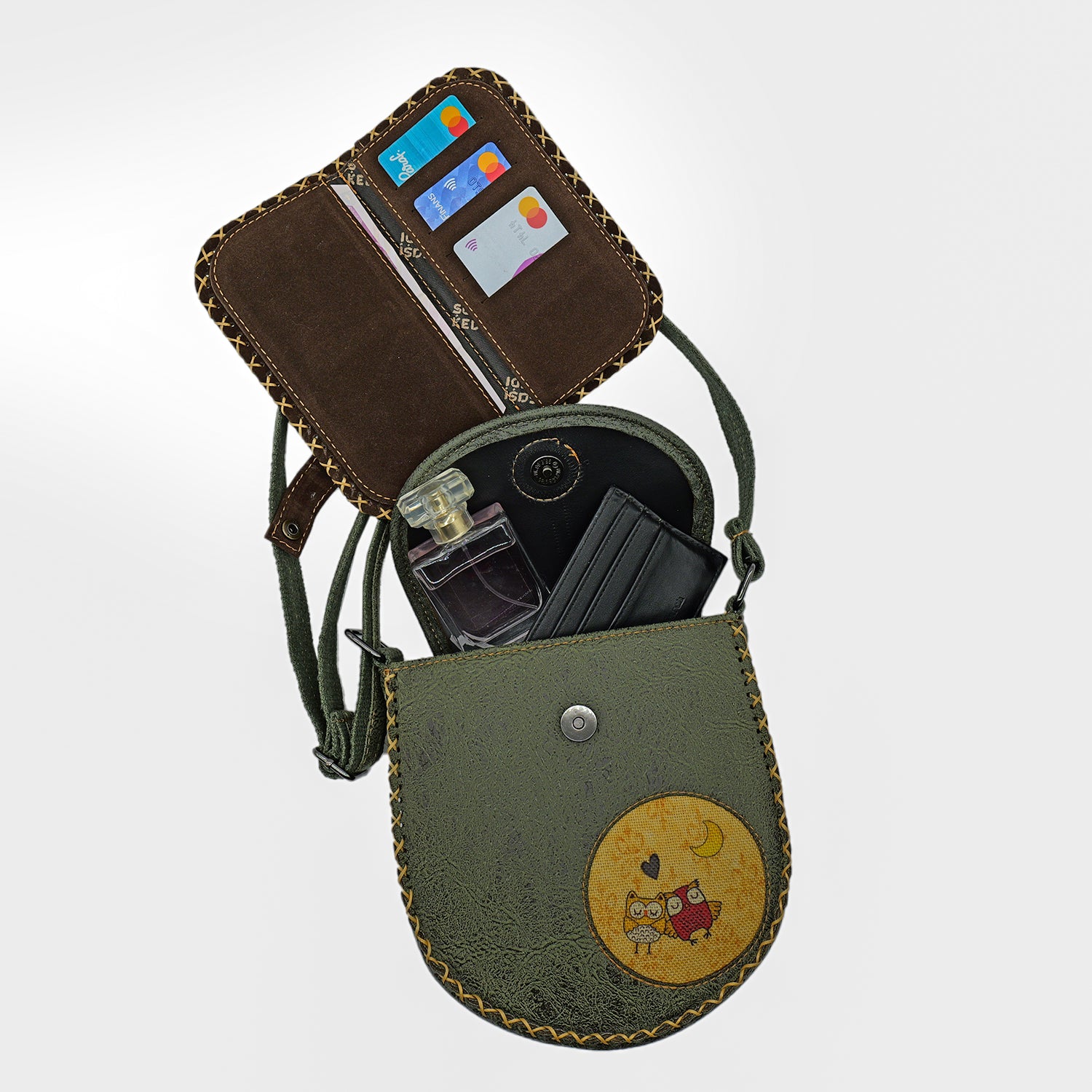 Whimsical Owl Leather Handbag & Large Wallet Set Of Two - Sage Green