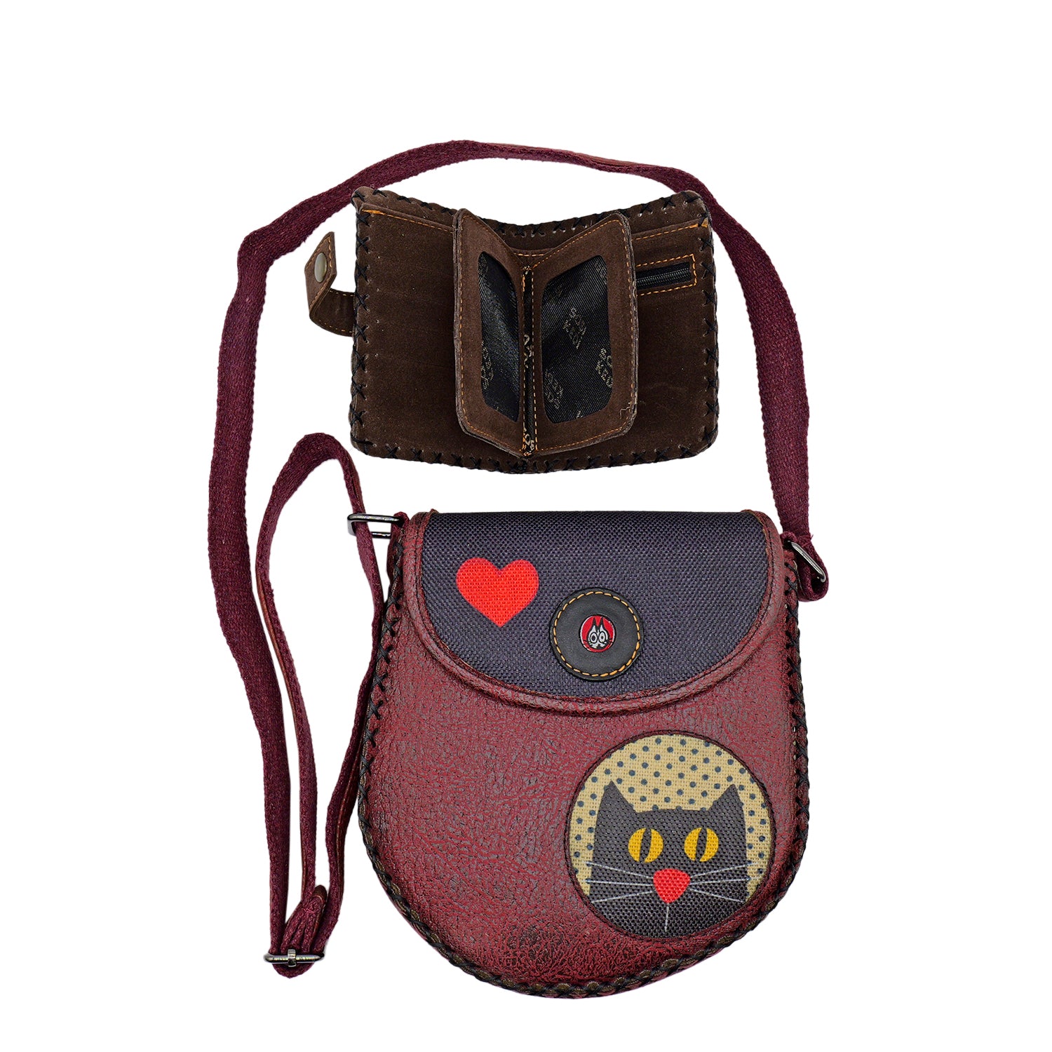Charming Black Cat Leather Handbag & Wallet Set Of Two - Burgundy