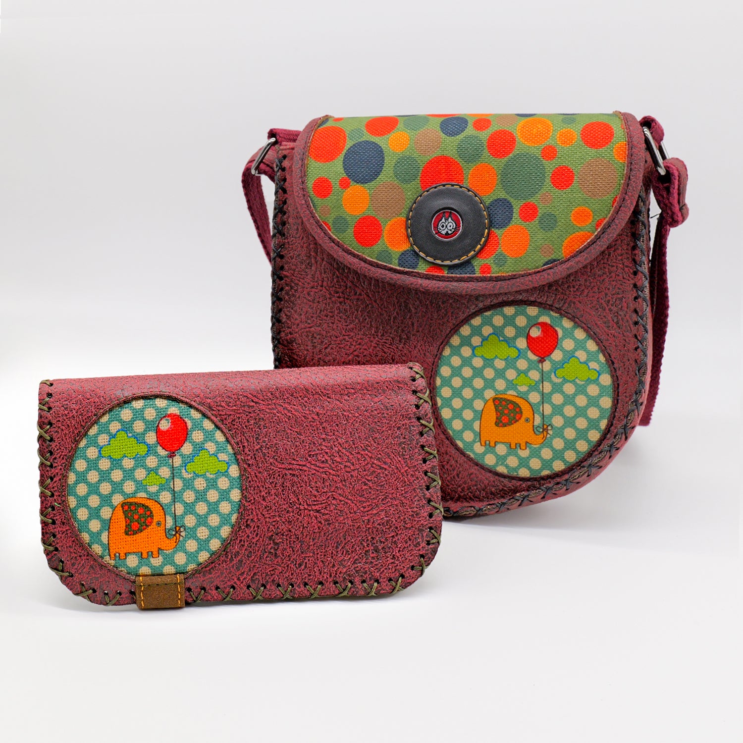Playful Elephant Leather Handbag & Large Wallet Set Of Two – Burgundy