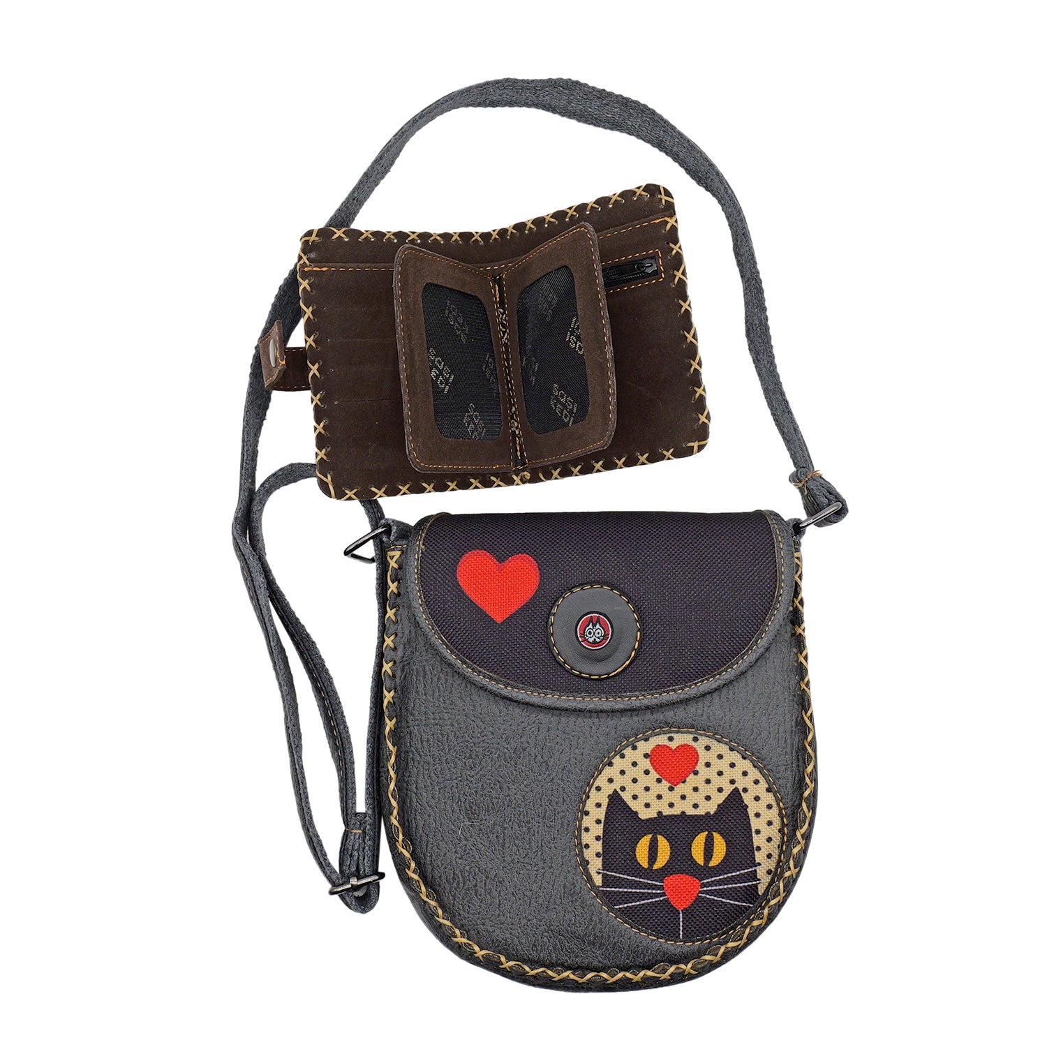 Charming Black Cat Leather Handbag & Wallet Set Of Two - Charcoal Gray