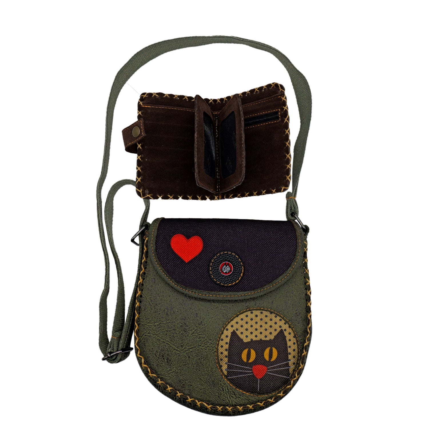 Charming Black Cat Leather Handbag & Wallet Set Of Two - Olive Green