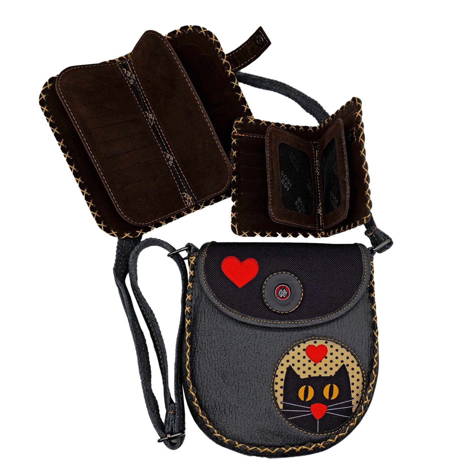 Charming Black Cat Leather Handbag & Wallet Set Of Three – Charcoal Gray