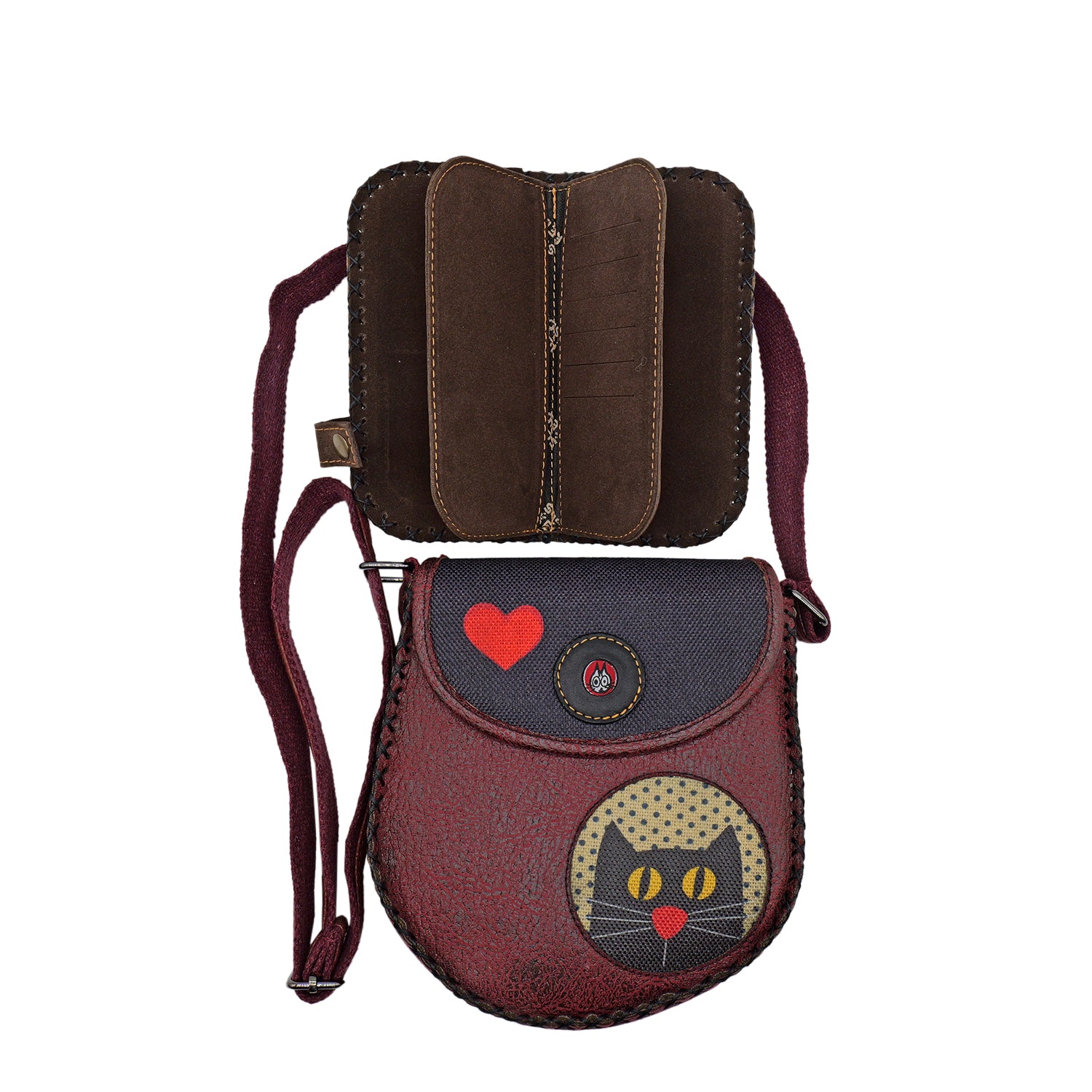 Charming Black Cat Leather Handbag & Large Wallet Set Of Two - Burgundy