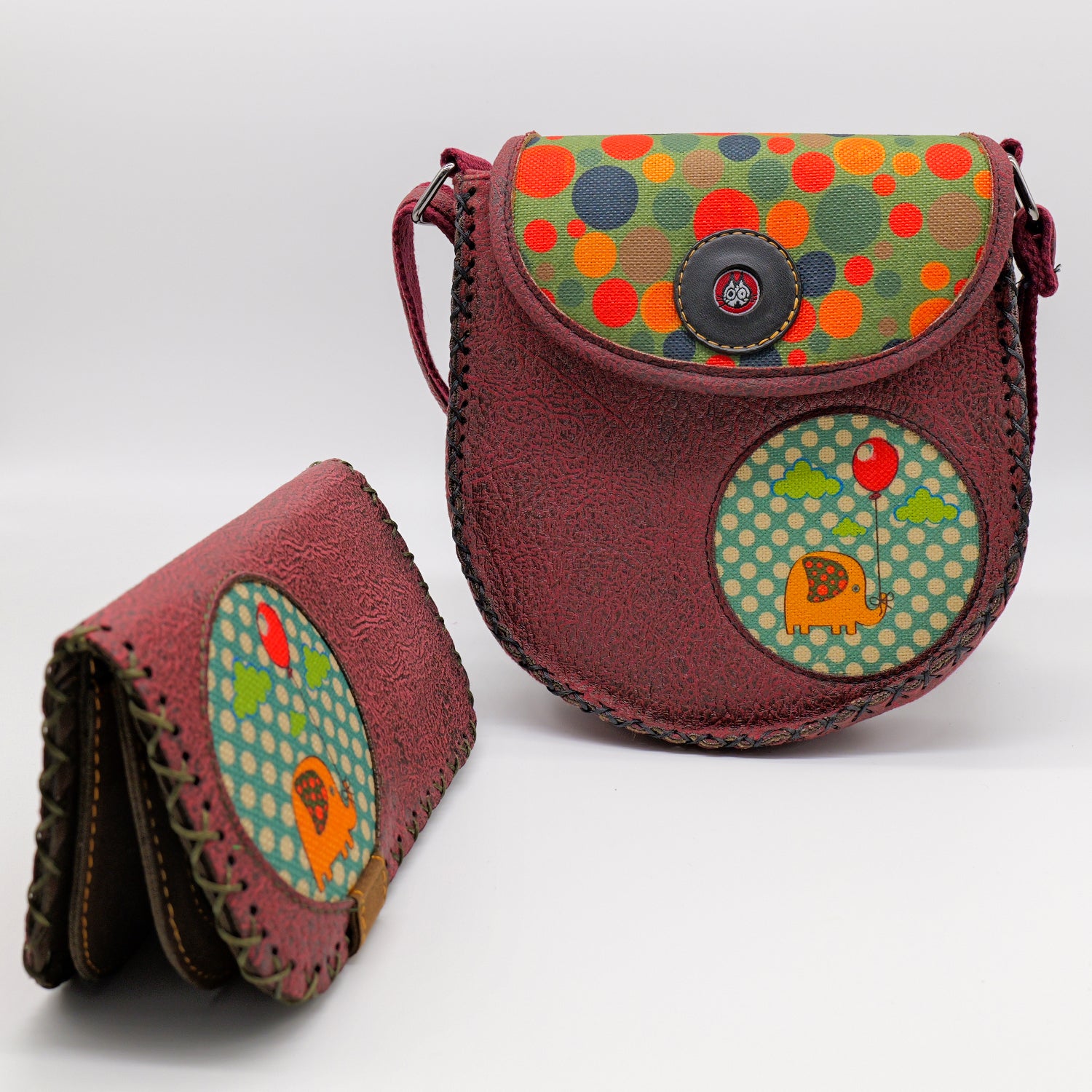 Playful Elephant Leather Handbag & Large Wallet Set Of Two – Burgundy