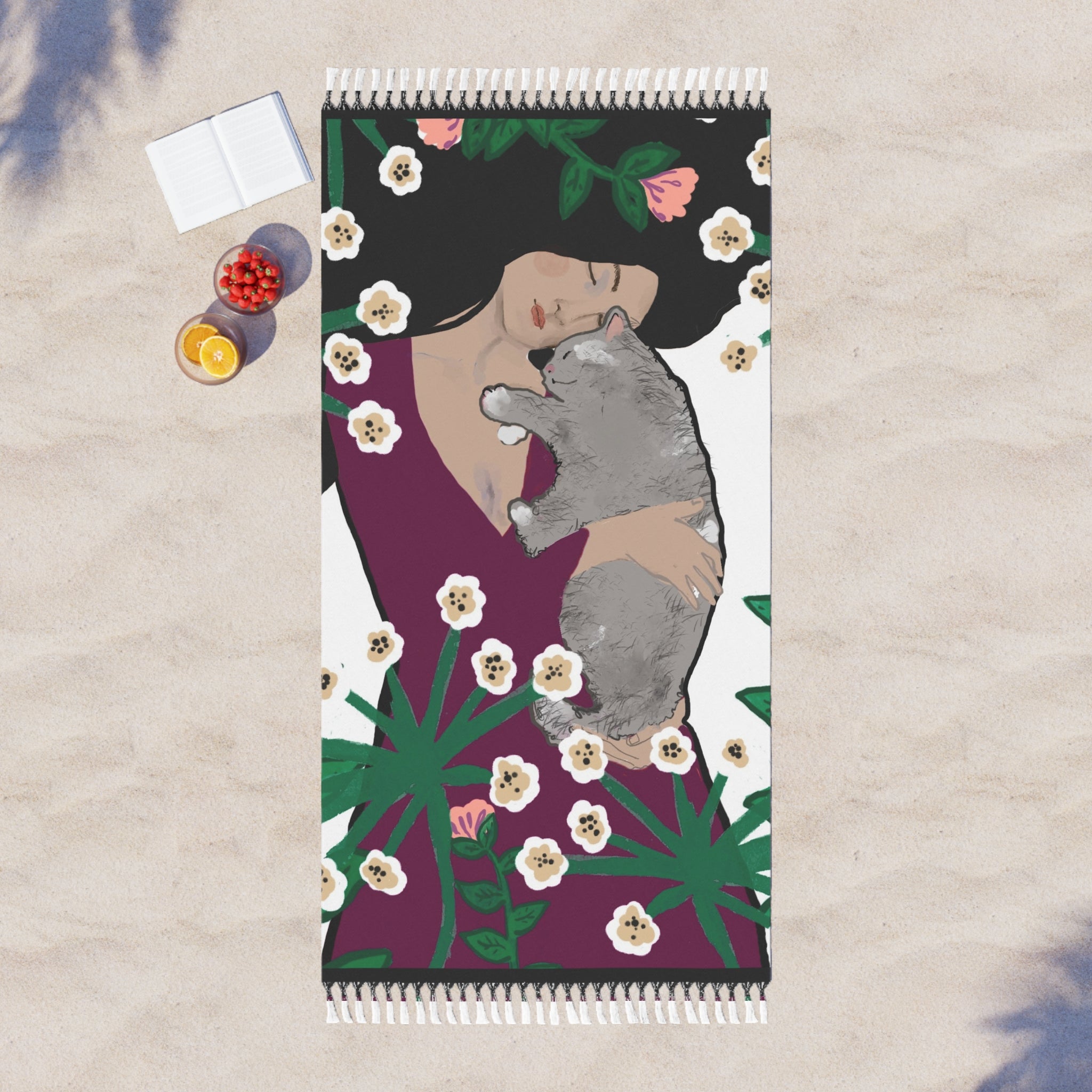 Boho Beach Towel with Cat Design – Perfect for Summer & Relaxation