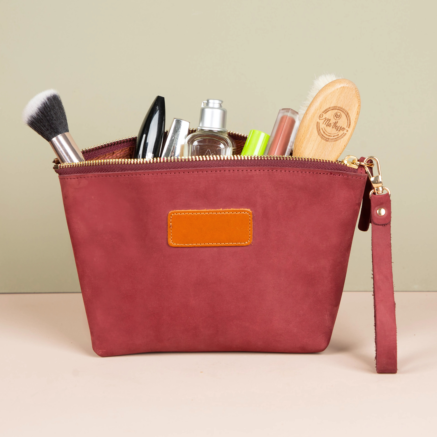 Handmade Leather Makeup Bag - Burgundy - Savannah