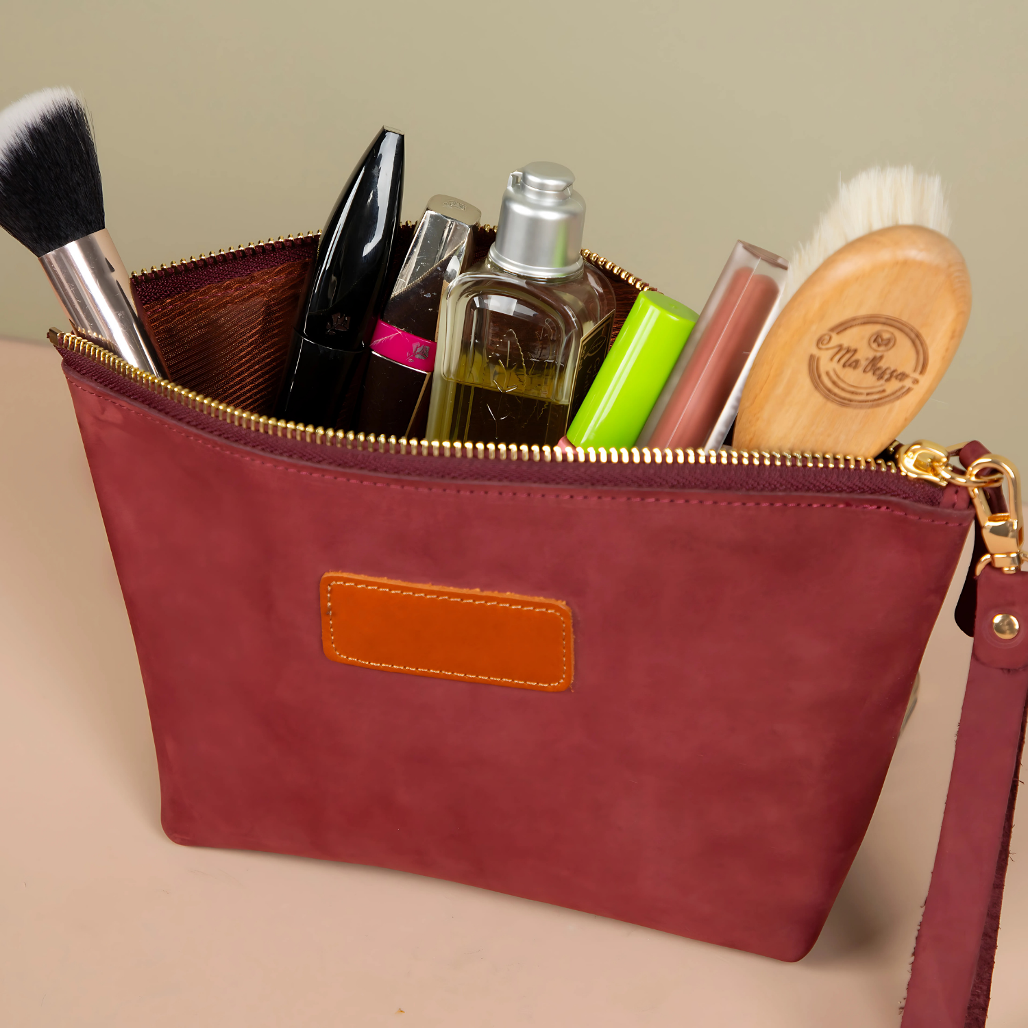 Handmade Leather Makeup Bag - Burgundy - Savannah