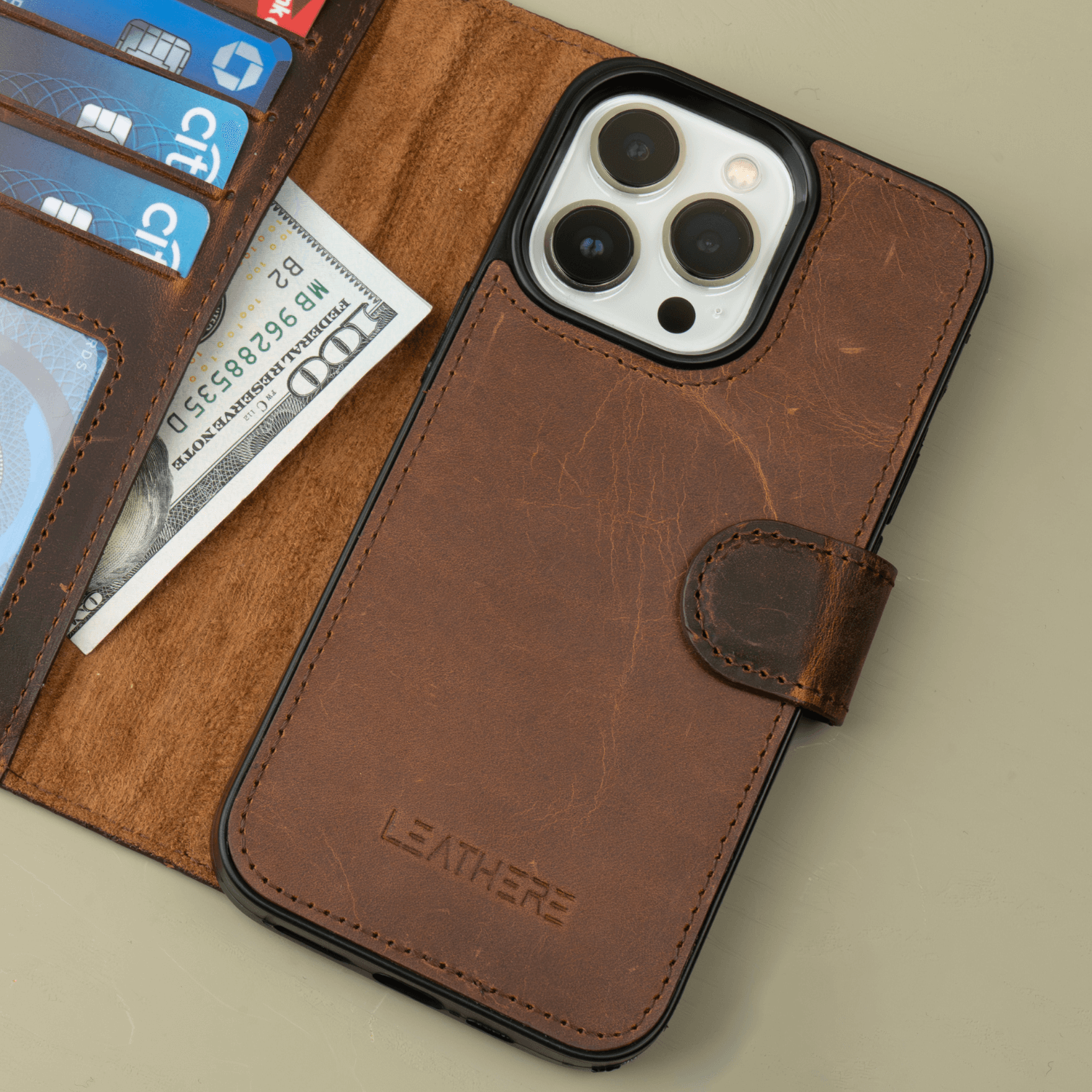 Dark Brown Leather iPhone 16 Series Wallet Case - LEATHERE