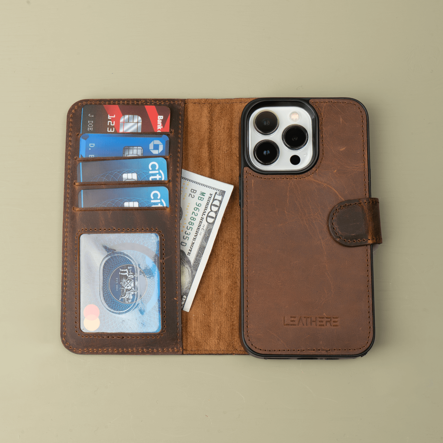 Dark Brown Leather iPhone 16 Series Wallet Case - LEATHERE