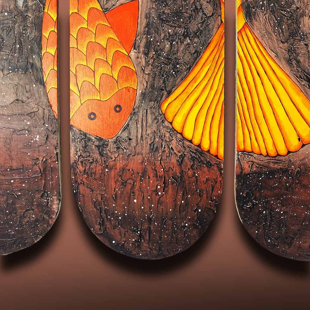 Skateboard Wall Art Set, "Koi Dance" Hand-Painted Wall Decor Set of 3 - wboxgo.com