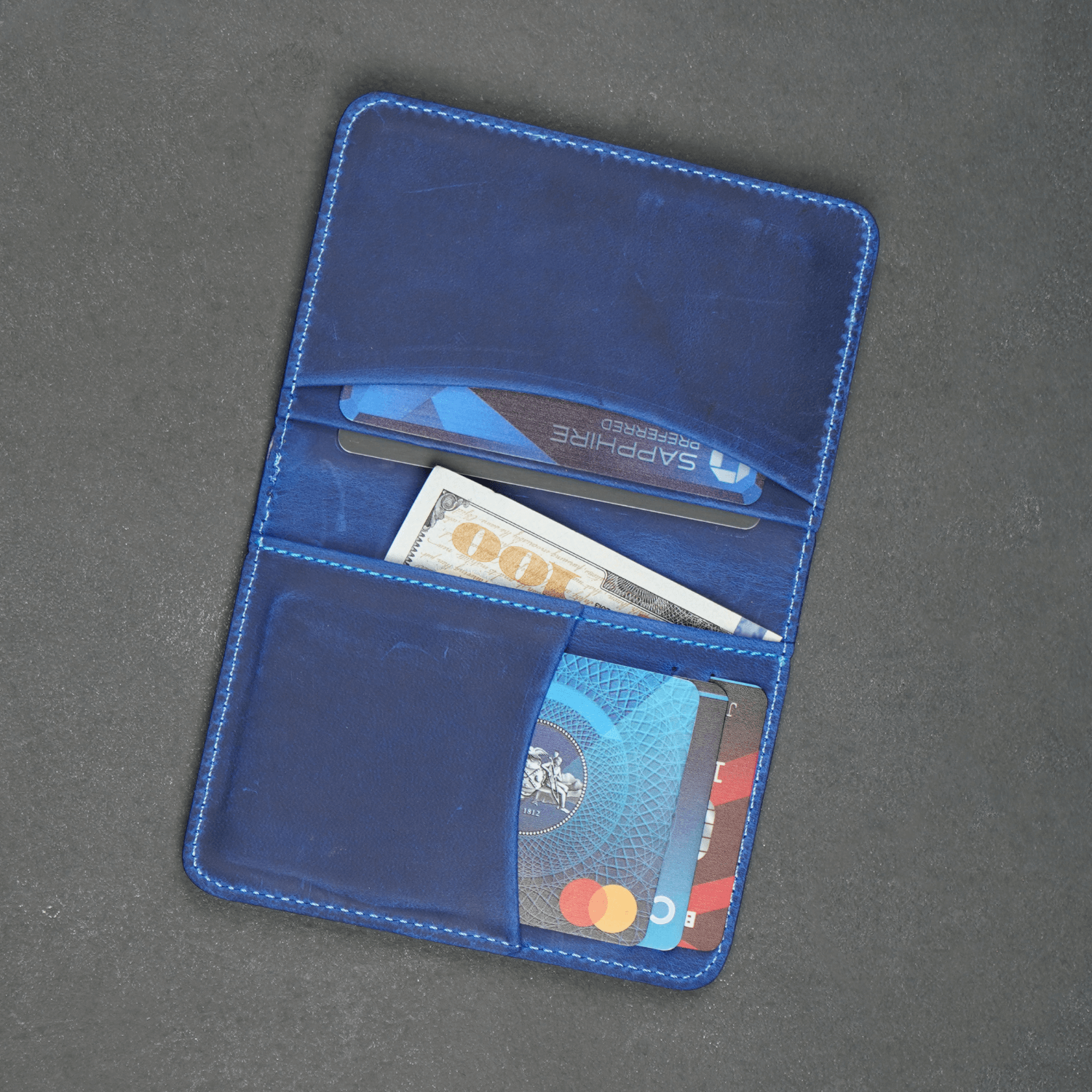 Blue Leather Thin Wallet with Card Holder - LEATHERE