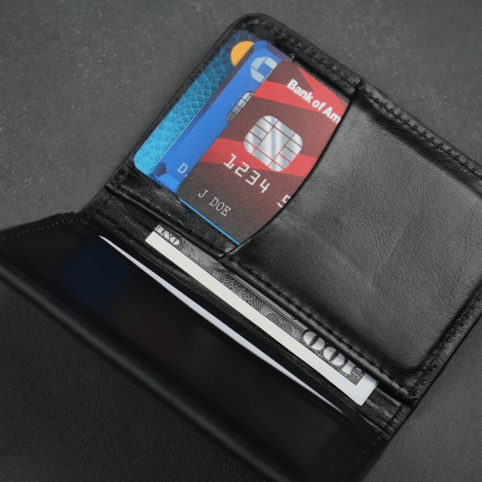 Black Leather Thin Wallet with Card Holder - LEATHERE