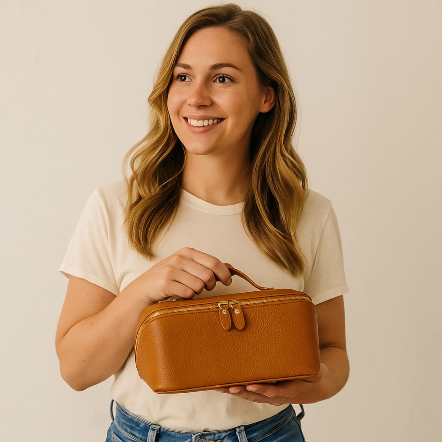 Luxury Leather Travel Vanity Case – Elegant & Spacious- Cognac coffee - San Jose