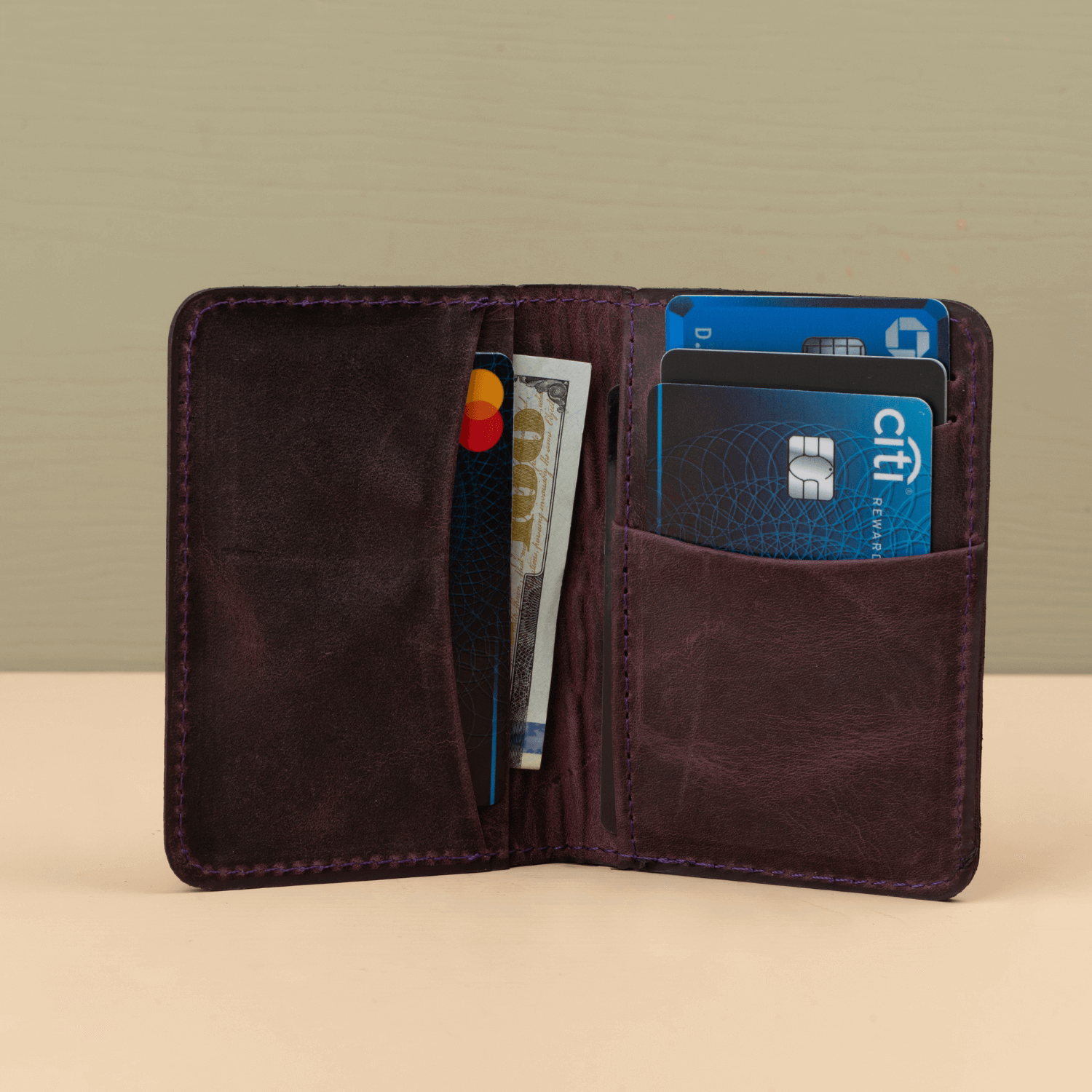 Purple Leather Thin Wallet with Card Holder - LEATHERE