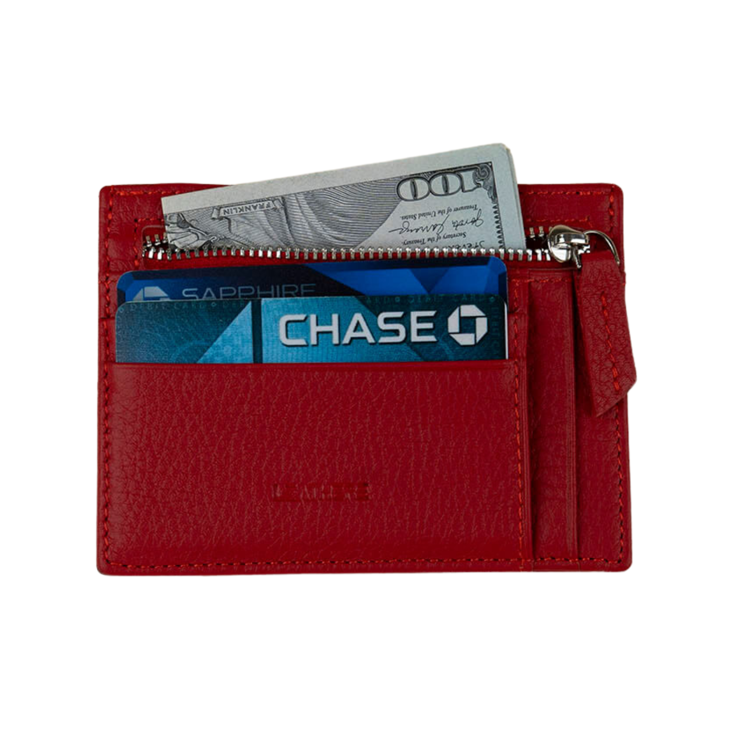 Vibrant Leather Card Holder with Zipper Pocket - Red - Concord