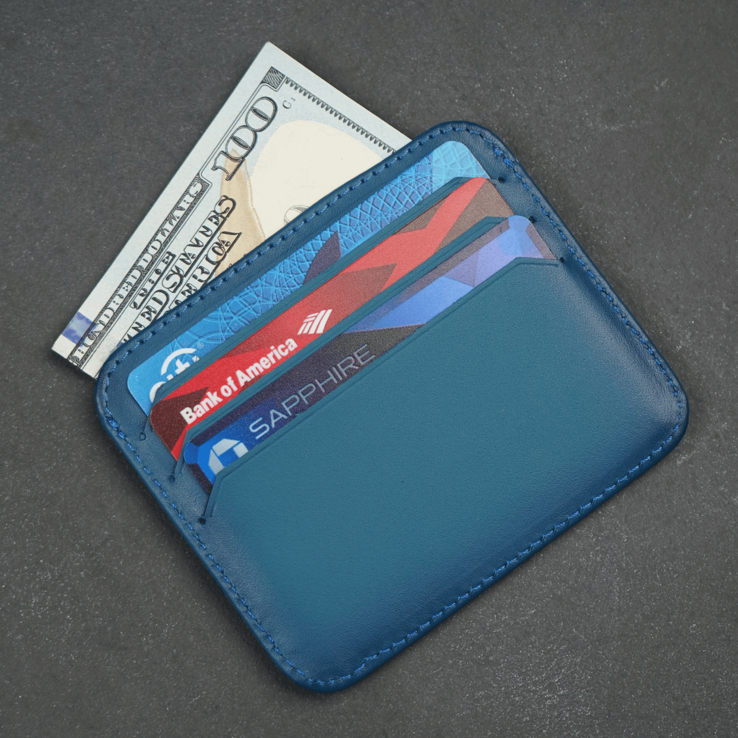 Blue Leather Thin Card Holder Wallet - LEATHERE