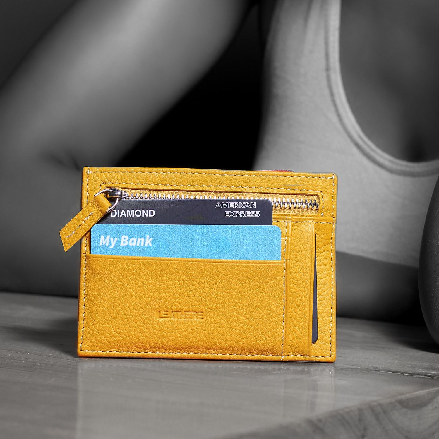 Vibrant Leather Card Holder with Zipper Pocket - Yellow - Concord