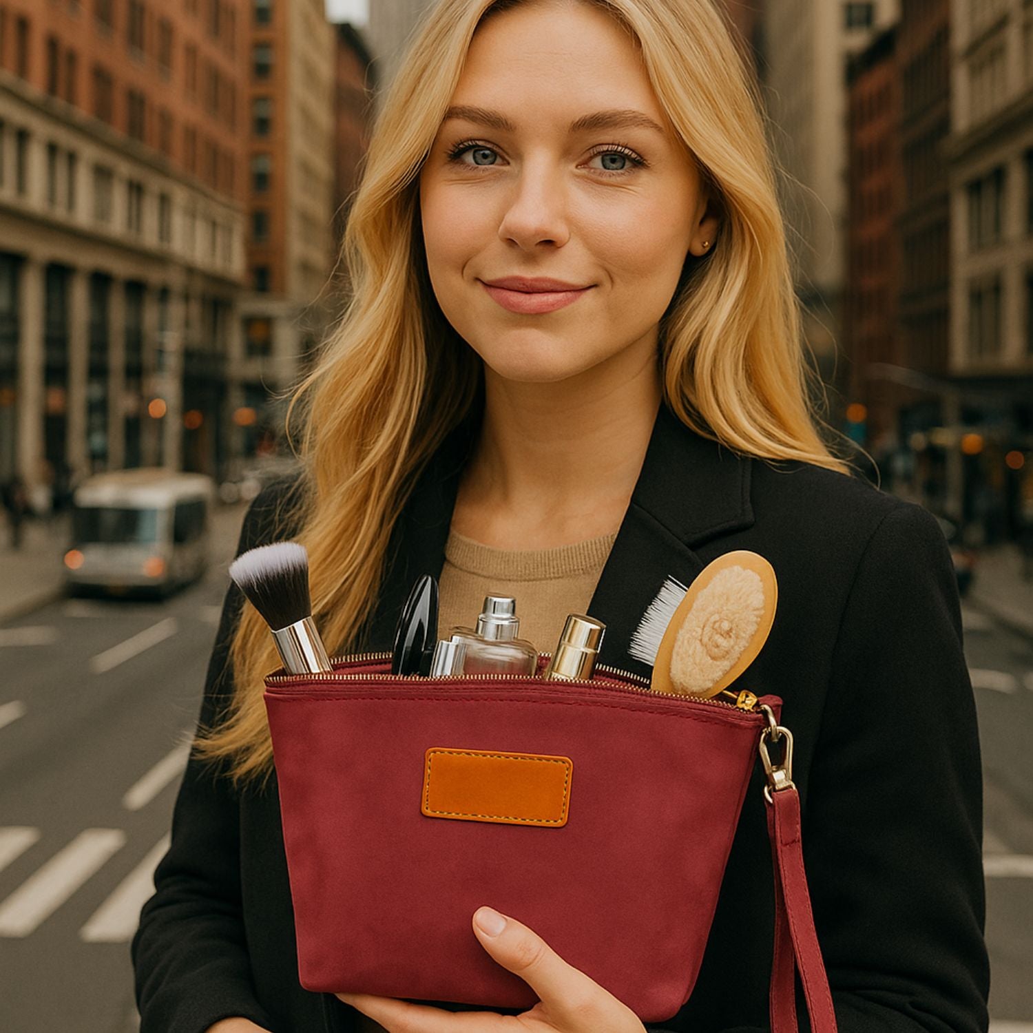 Handmade Leather Makeup Bag - Burgundy - Savannah