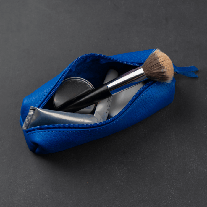 Blue Leather Make Up Bag with Zipper Closure - LEATHERE