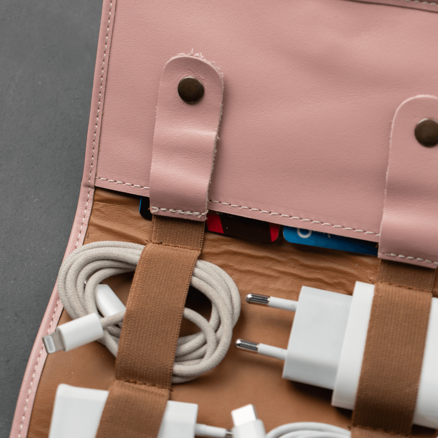 Pink Leather Travel Cable & Tech Organizer - LEATHERE