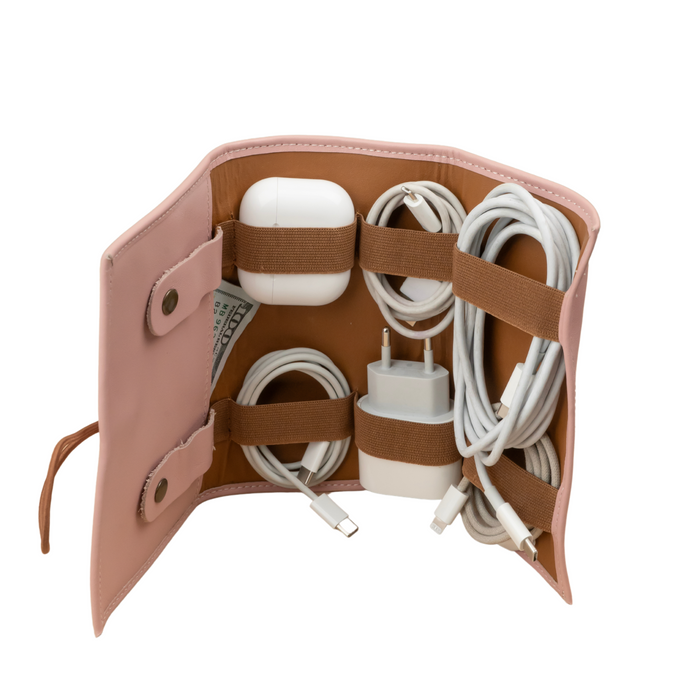 Pink Leather Travel Cable & Tech Organizer - LEATHERE