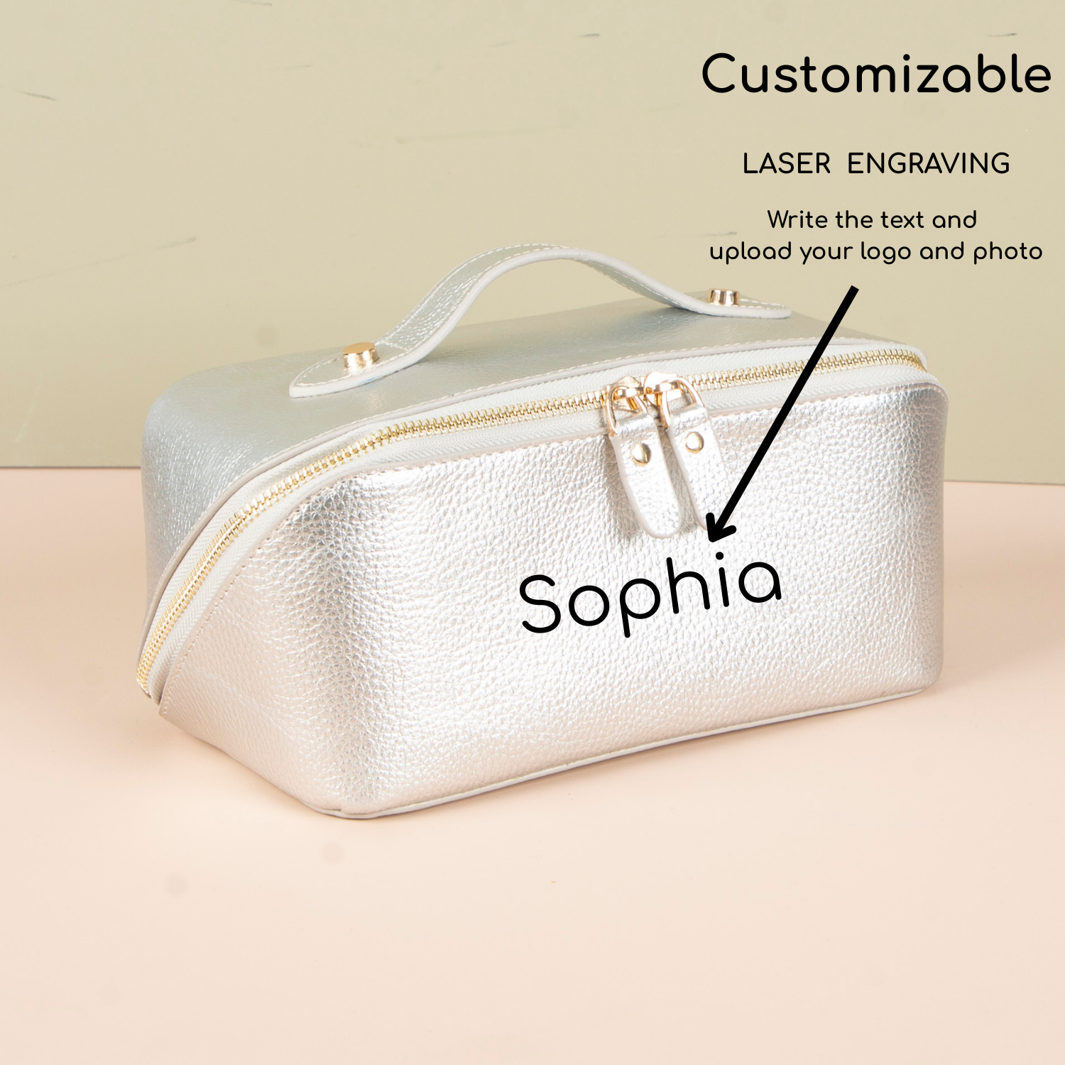 Luxury Leather Travel Vanity Case – Elegant & Spacious-Champagne silver - San Jose