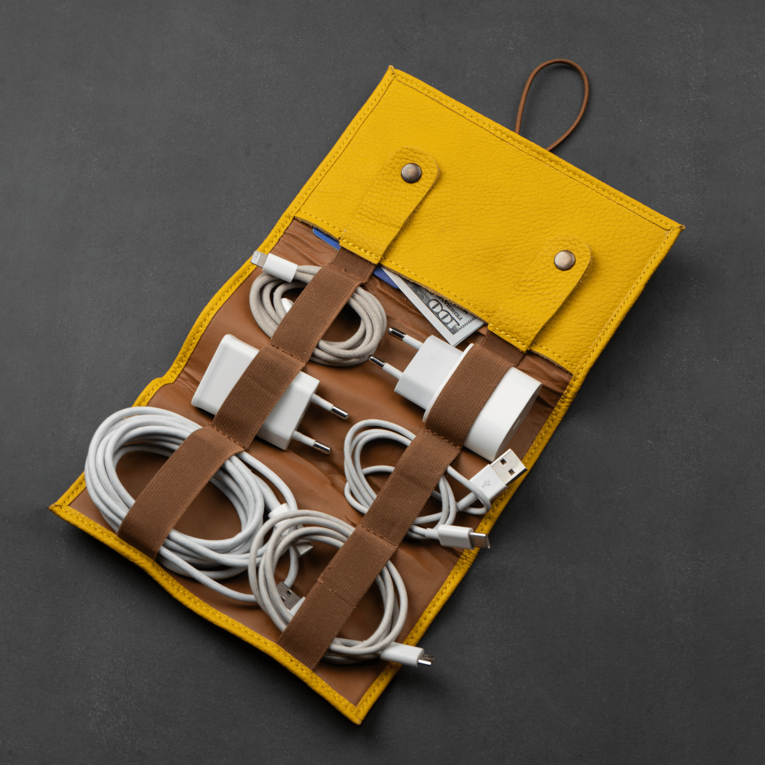 Yellow Leather Travel Cable & Tech Organizer - LEATHERE