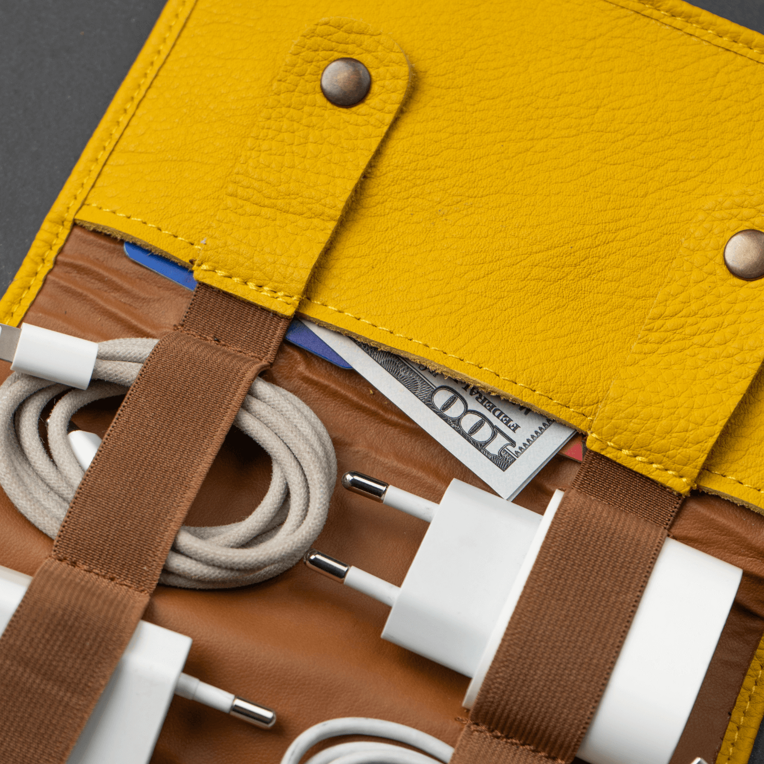 Yellow Leather Travel Cable & Tech Organizer - LEATHERE