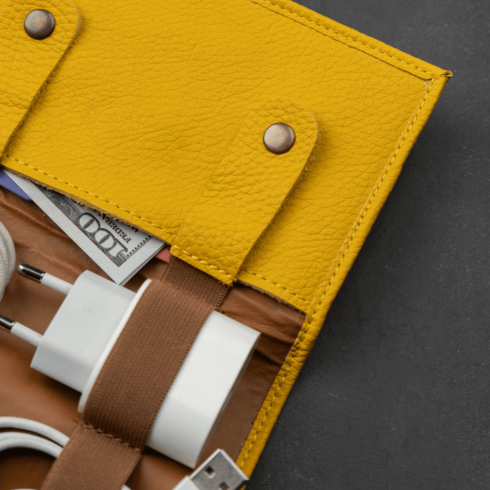 Yellow Leather Travel Cable & Tech Organizer - LEATHERE