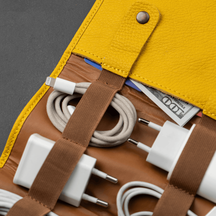 Yellow Leather Travel Cable & Tech Organizer - LEATHERE