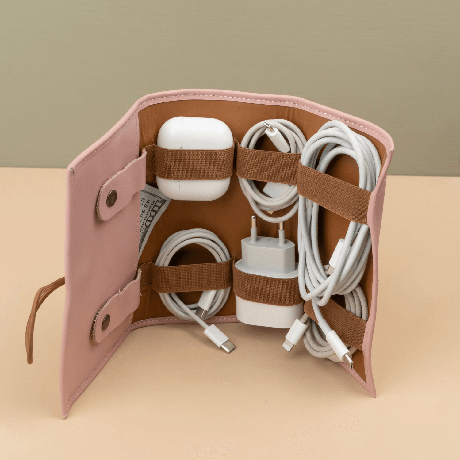 Pink Leather Travel Cable & Tech Organizer - LEATHERE