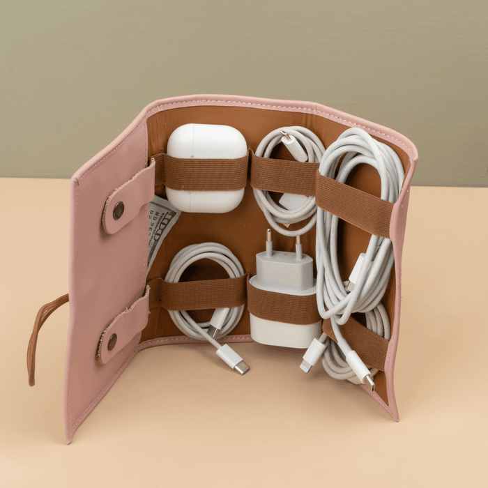 Pink Leather Travel Cable & Tech Organizer - LEATHERE