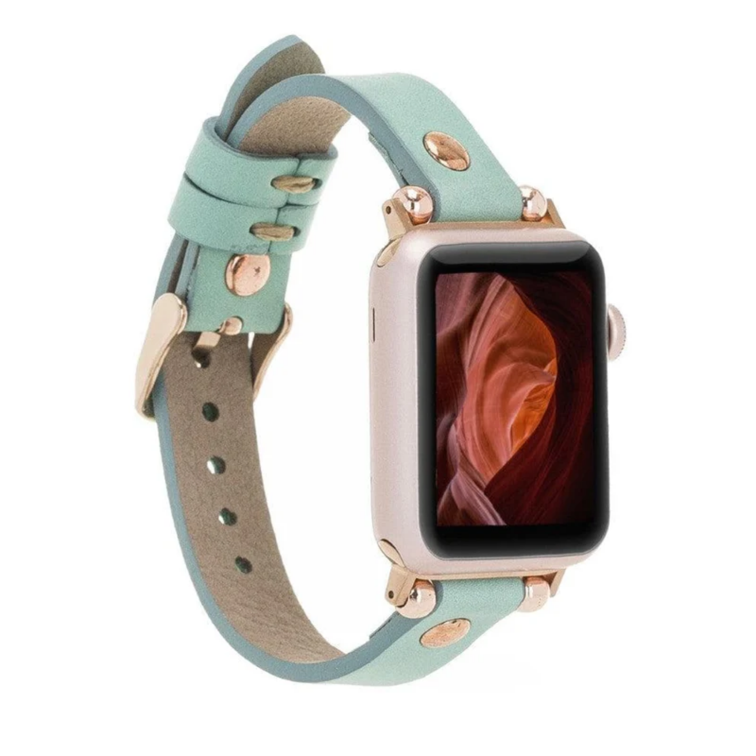 Mint Green Leather Slim Apple Watch Band with Rivet - LEATHERE