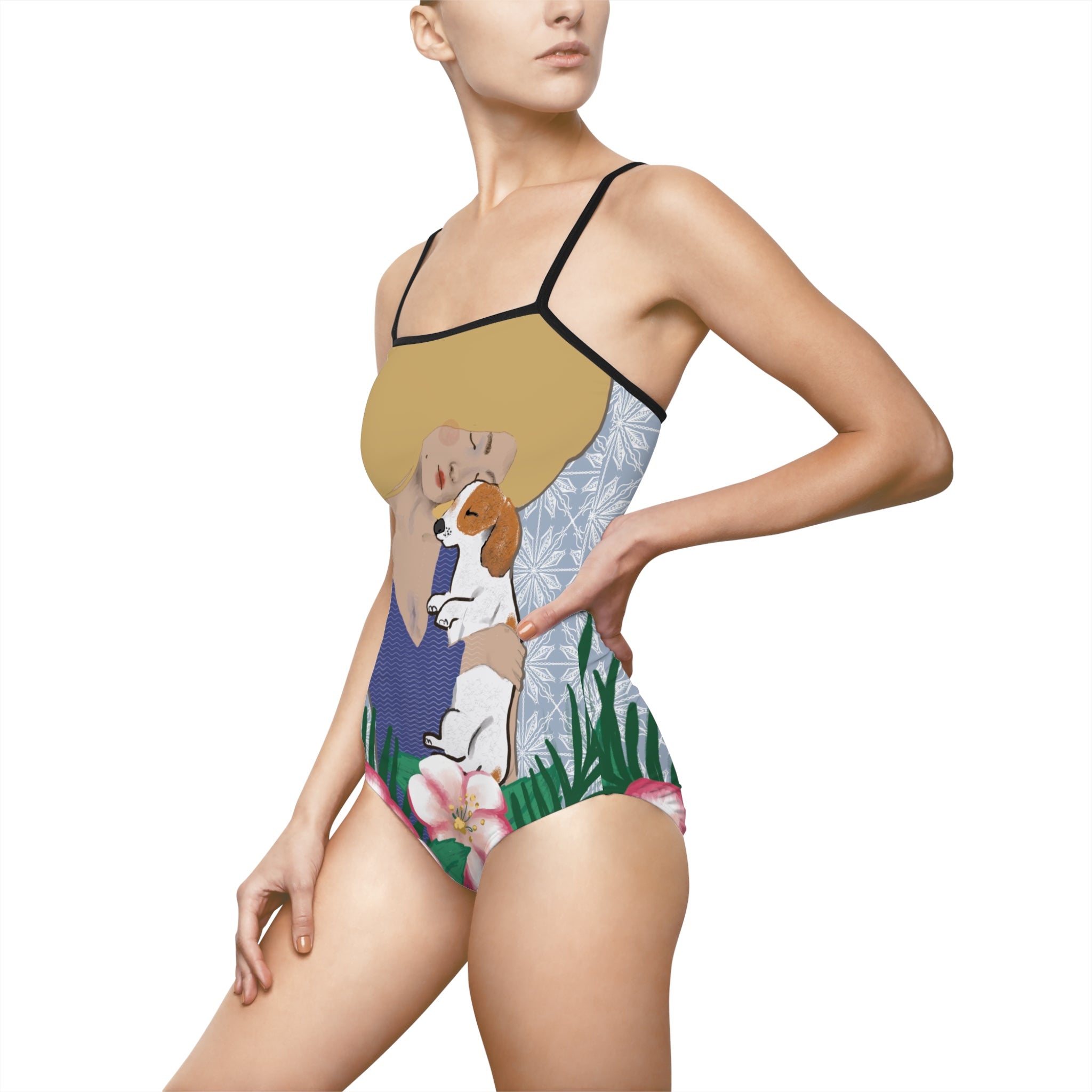 Women’s One-Piece Swimsuit with Floral & Dog Design | Beach Ready Swimwear