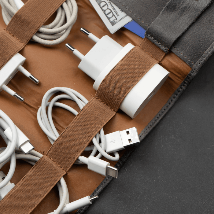 Grey Leather Travel Cable & Tech Organizer - LEATHERE