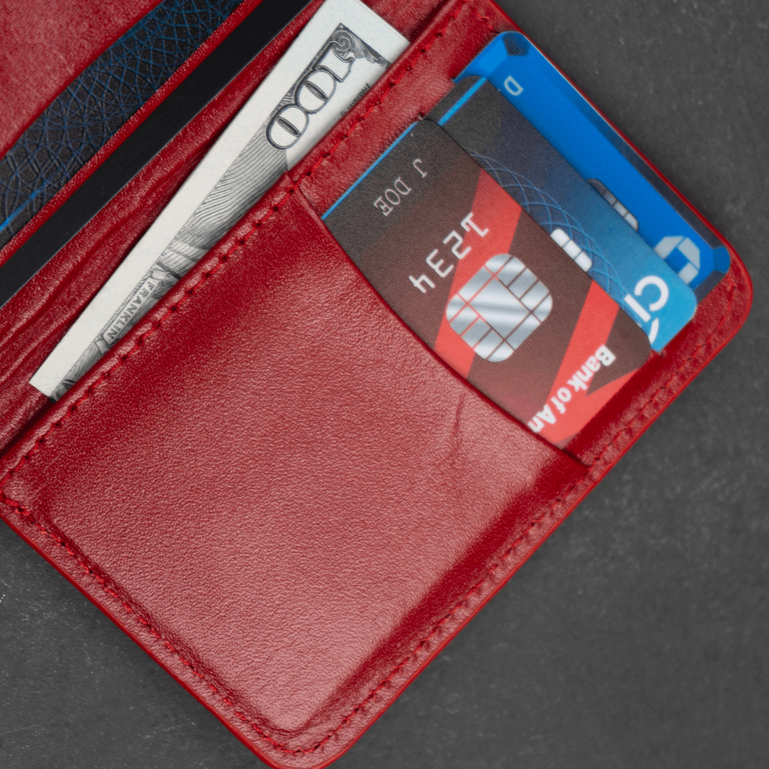 Red Leather Thin Wallet with Card Holder - LEATHERE