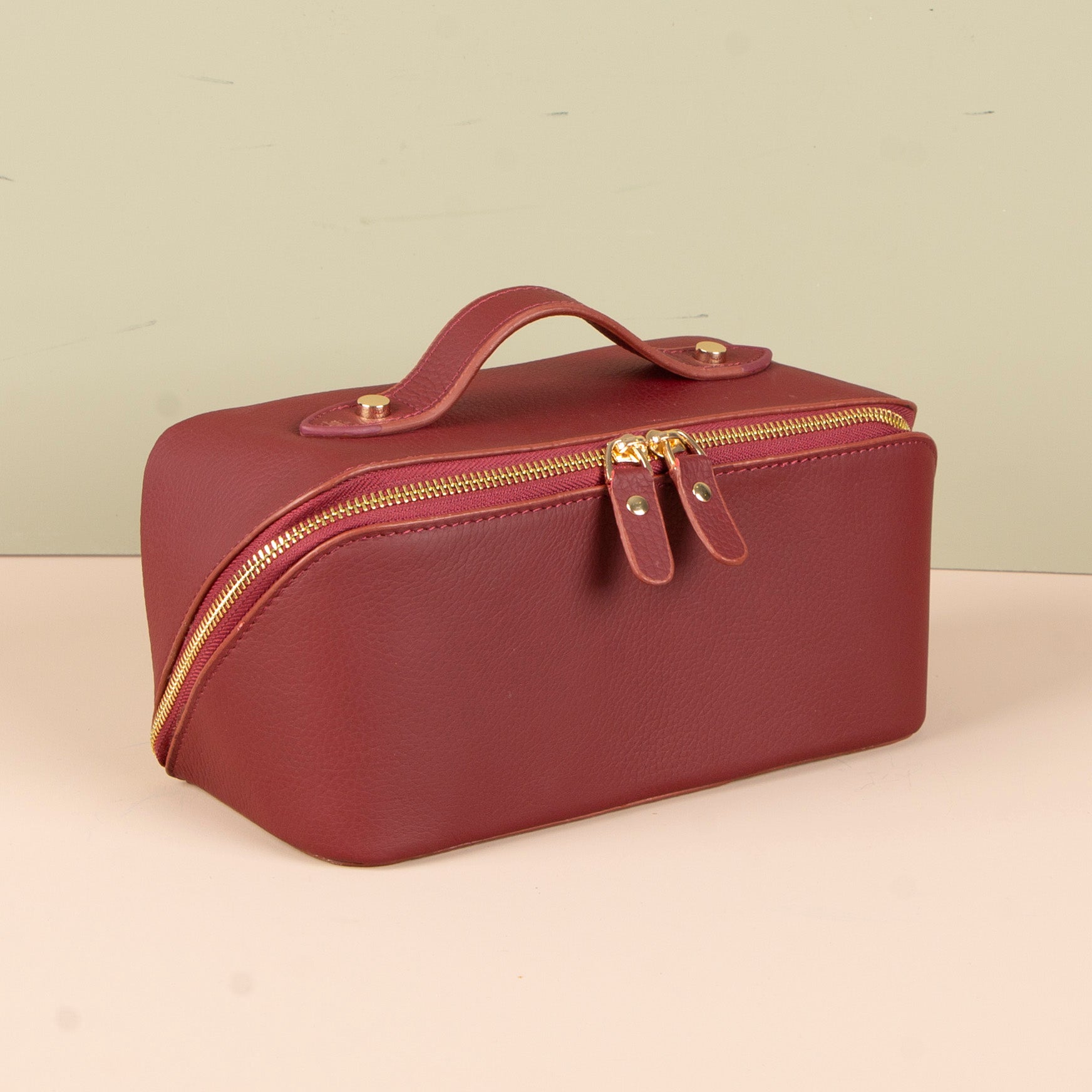 Luxury Leather Travel Vanity Case – Elegant & Spacious- Dark Claret Red - San Jose