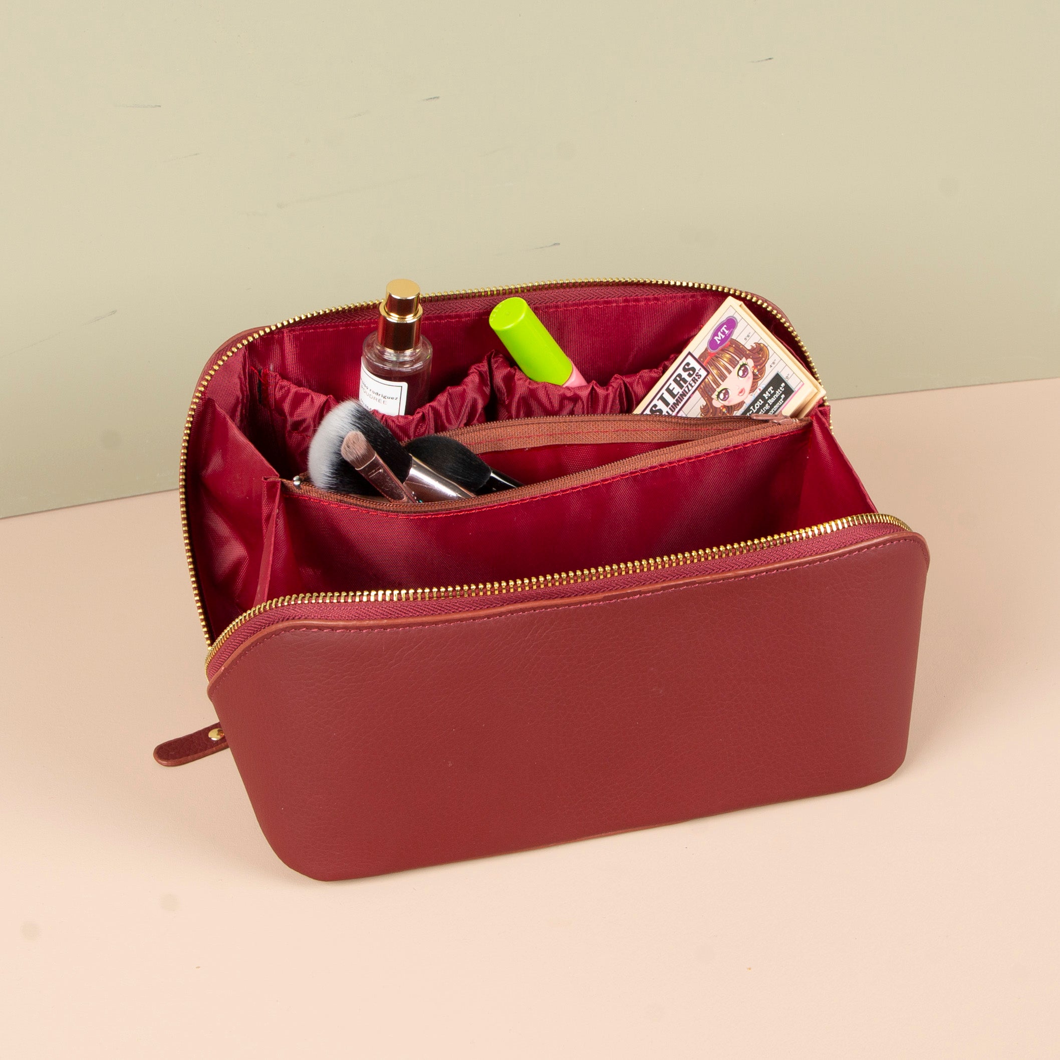 Luxury Leather Travel Vanity Case – Elegant & Spacious- Dark Claret Red - San Jose